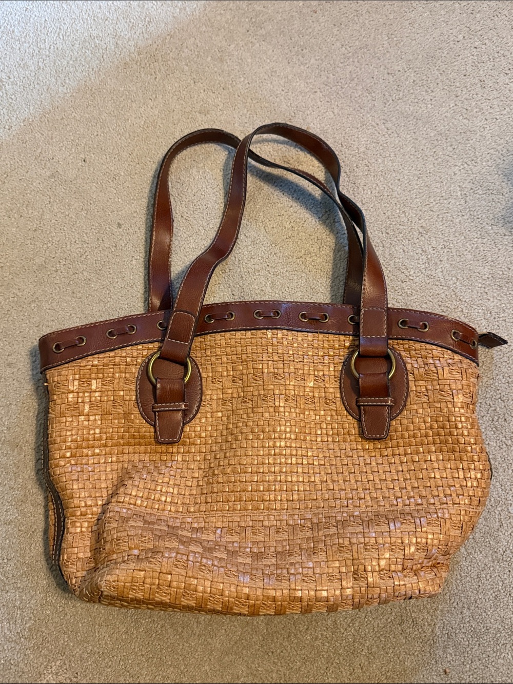 Fossil Woven Straw Shoulder Bag With Brown Leather Trim Boho Vintage Summer Bag